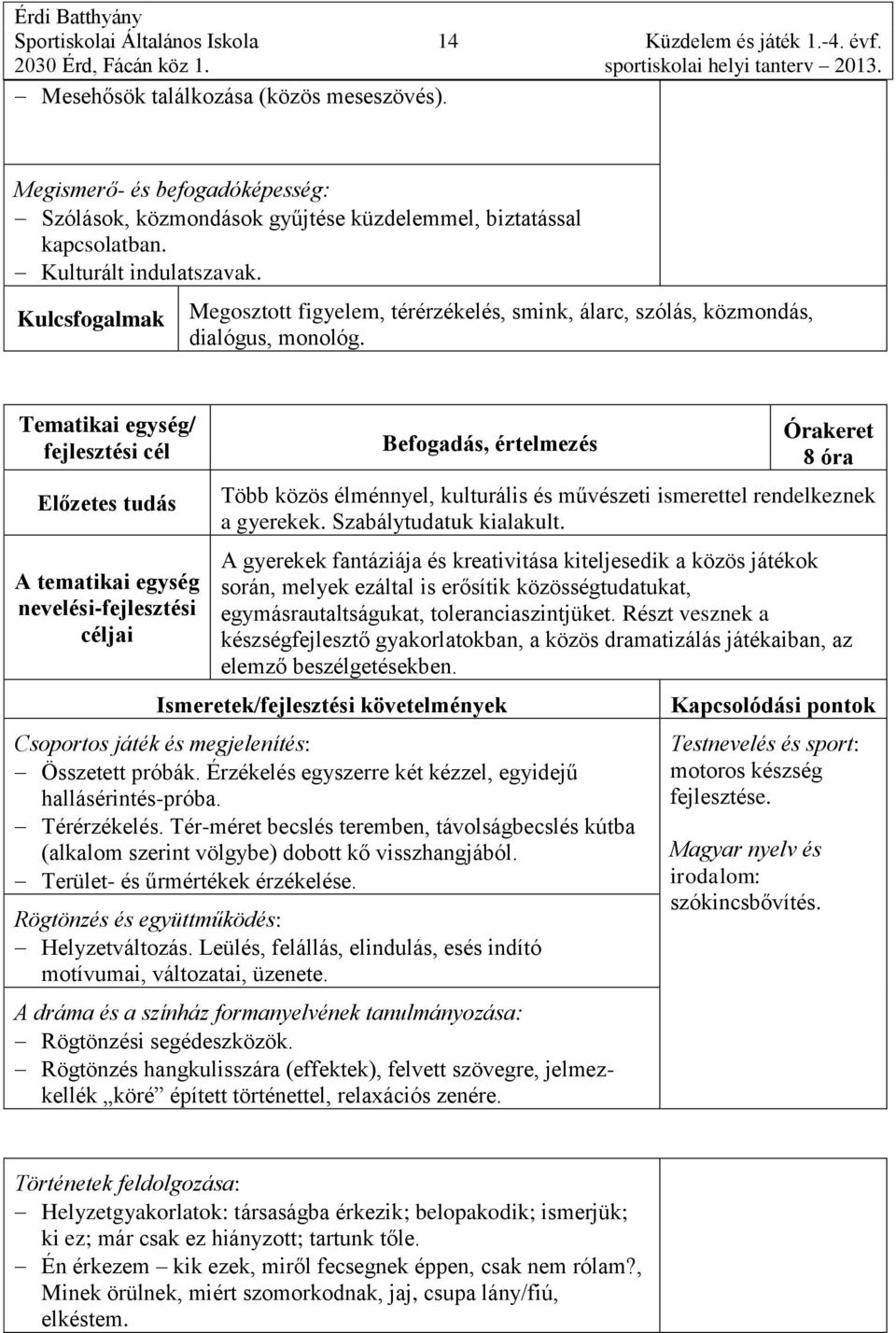 fejlesztési cél A tematikai egység nevelési-fejlesztési Befogadás, értelmezés Több közös élménnyel, kulturális és művészeti ismerettel rendelkeznek a gyerekek. Szabálytudatuk kialakult.