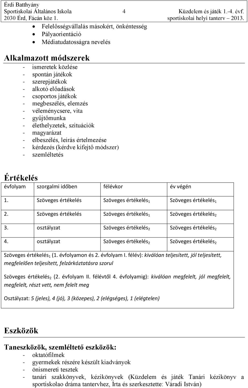 megbeszélés, elemzés - véleménycsere, vita - gyűjtőmunka - élethelyzetek, szituációk - magyarázat - elbeszélés, leírás értelmezése - kérdezés (kérdve kifejtő módszer) - szemléltetés Értékelés