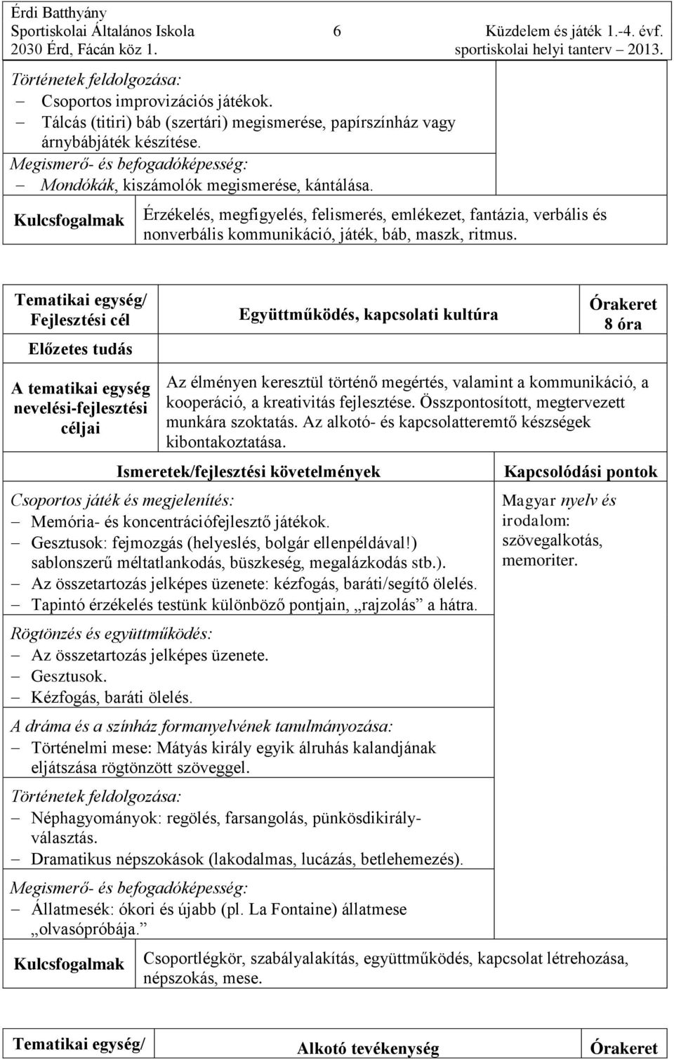 Fejlesztési cél Együttműködés, kapcsolati kultúra A tematikai egység nevelési-fejlesztési Az élményen keresztül történő megértés, valamint a kommunikáció, a kooperáció, a kreativitás fejlesztése.