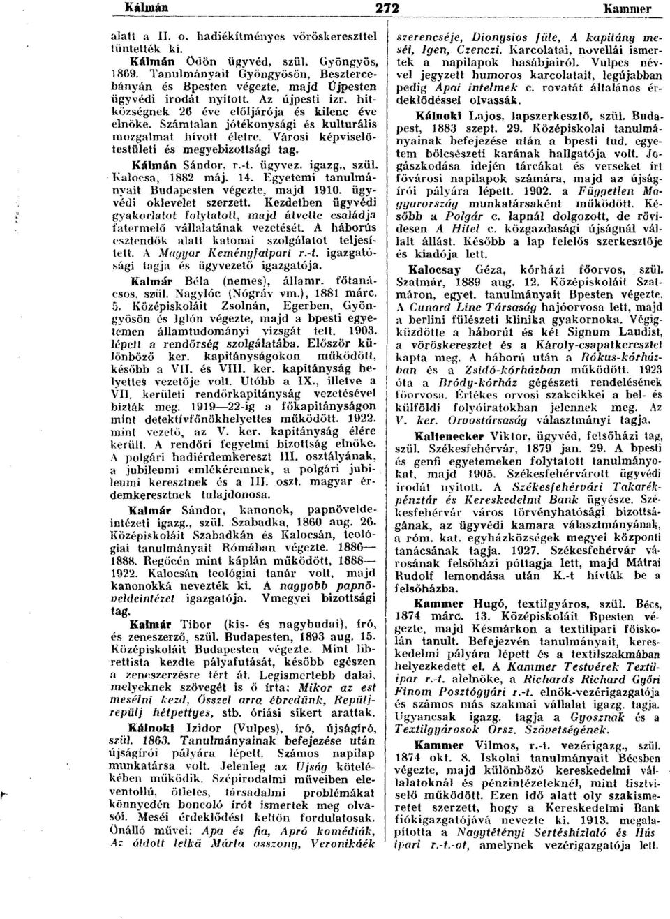 Számtalan jótékonysági és kulturális mozgalmat hívott életre. Városi képviselőtestületi és megyebizottsági tag. Kálmán Sándor, r.-t. ügyvez. igazg., szül. Kalocsa, 1882 máj. 14.