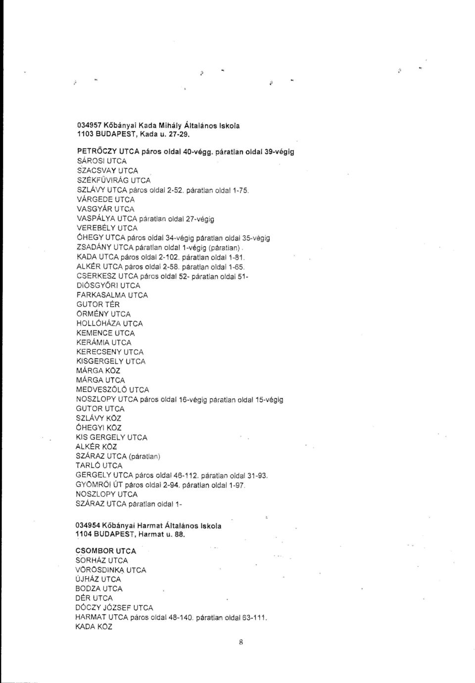 VÁRGEDE UTCA VASGYÁR UTCA VASPÁLYA UTCA páratlan oldal27-végig VEREBÉL Y UTCA ÓHEGY UTCA páros oldal 34-végig páratlan oldal 35-végig ZSADÁNY UTCA páratlan oldal 1-végig (páratlan) KADA UTCA páros