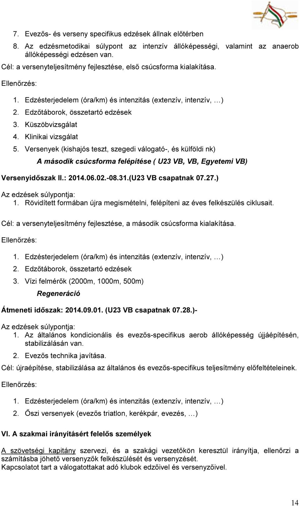 Küszöbvizsgálat 4. Klinikai vizsgálat 5. Versenyek (kishajós teszt, szegedi válogató-, és külföldi nk) A második csúcsforma felépítése ( U23 VB, VB, Egyetemi VB) Versenyidőszak II.: 2014.06.02.-08.31.