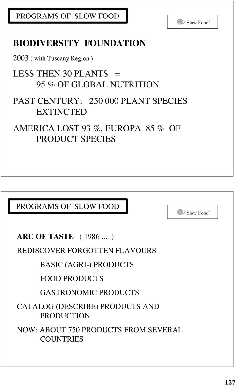 PROGRAMS OF SLOW FOOD ARC OF TASTE ( 1986.