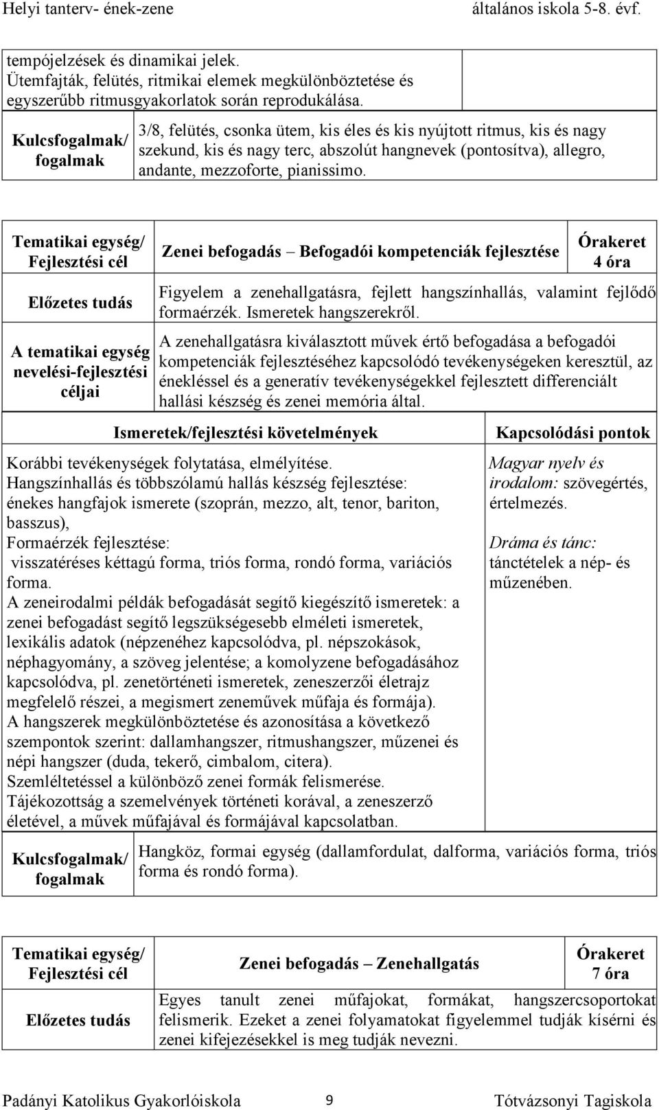 A tematikai egység nevelési-fejlesztési Zenei befogadás Befogadói kompetenciák fejlesztése Figyelem a zenehallgatásra, fejlett hangszínhallás, valamint fejlődő formaérzék. Ismeretek hangszerekről.