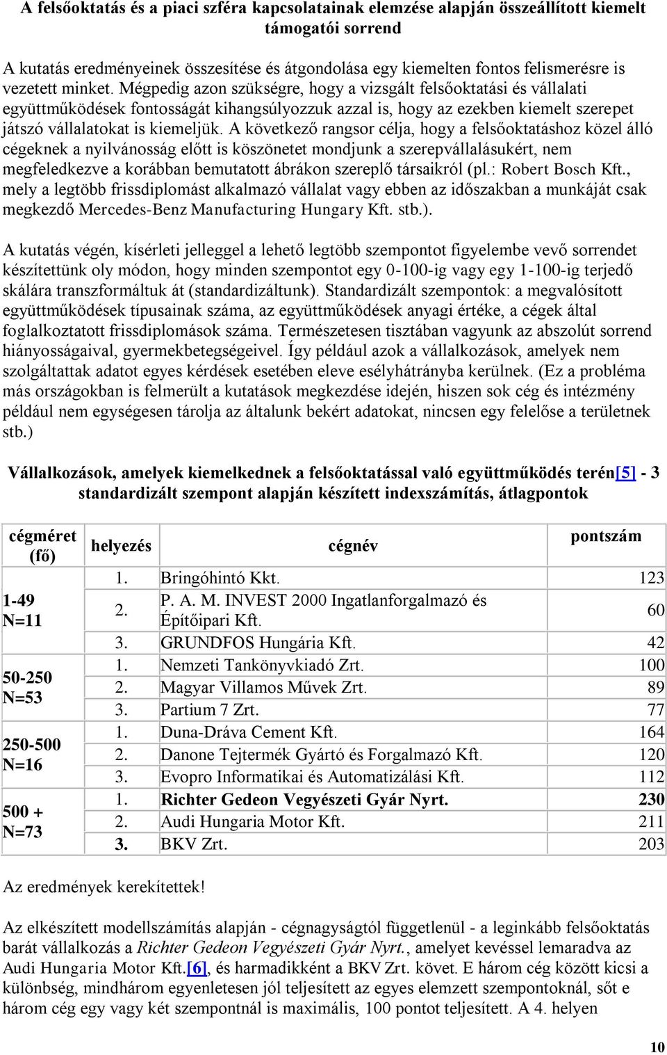 Mégpedig azon szükségre, hogy a vizsgált felsőoktatási és vállalati együttműködések fontosságát kihangsúlyozzuk azzal is, hogy az ezekben kiemelt szerepet játszó vállalatokat is kiemeljük.