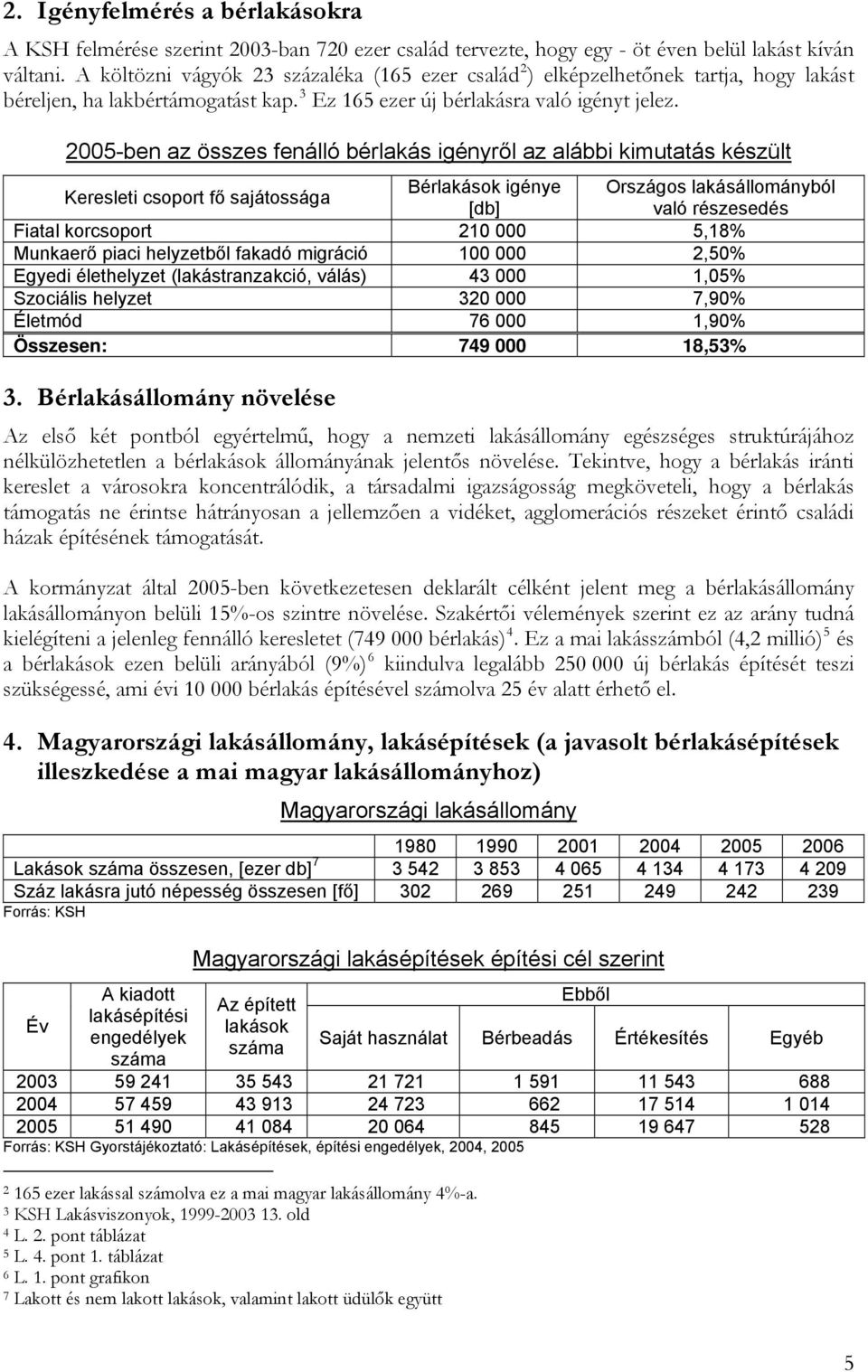 2005-ben az összes fenálló bérlakás igényről az alábbi kimutatás készült Keresleti csoport fő sajátossága Bérlakások igénye Országos lakásállományból [db] való részesedés Fiatal korcsoport 210 000