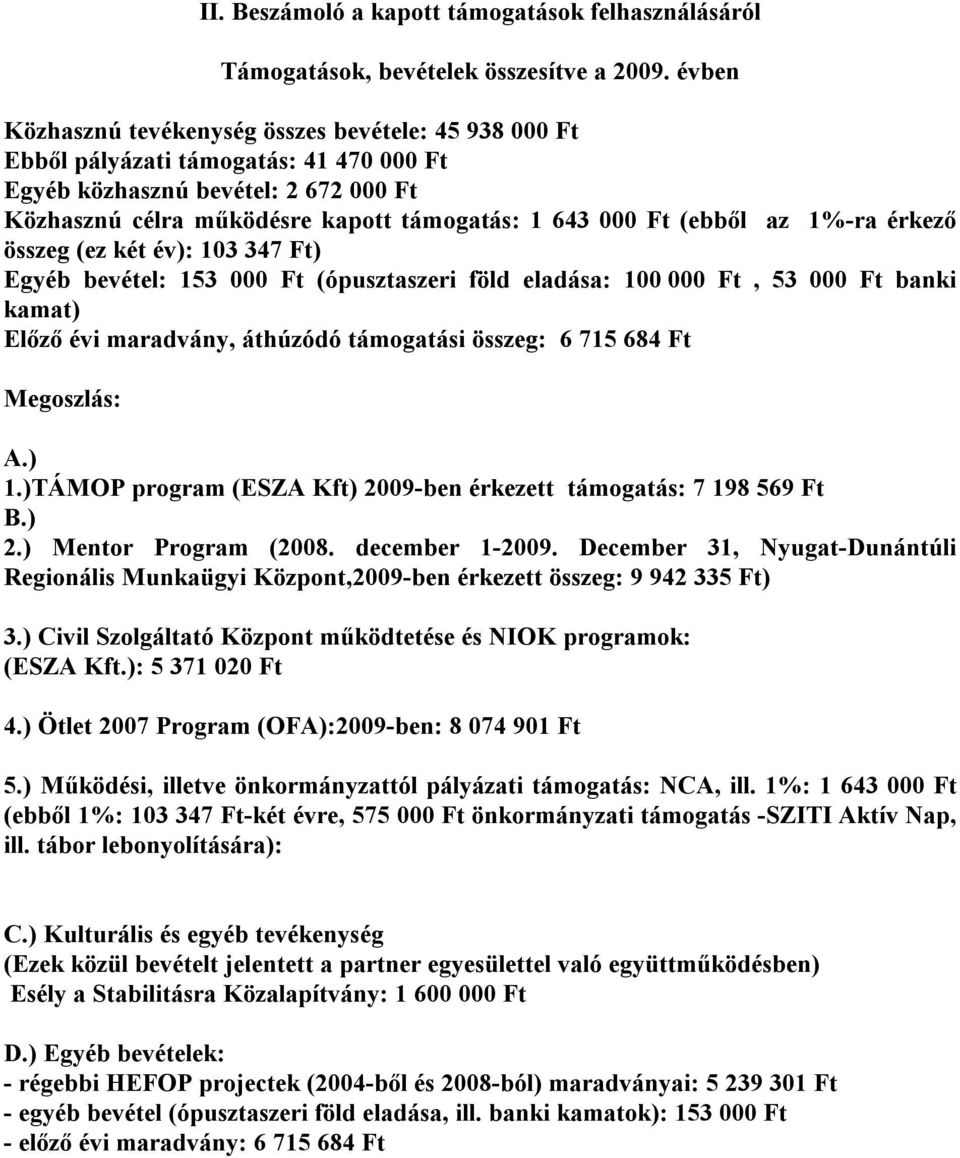 (ebből az 1%-ra érkező összeg (ez két év): 103 347 Ft) Egyéb bevétel: 153 000 Ft (ópusztaszeri föld eladása: 100 000 Ft, 53 000 Ft banki kamat) Előző évi maradvány, áthúzódó támogatási összeg: 6 715