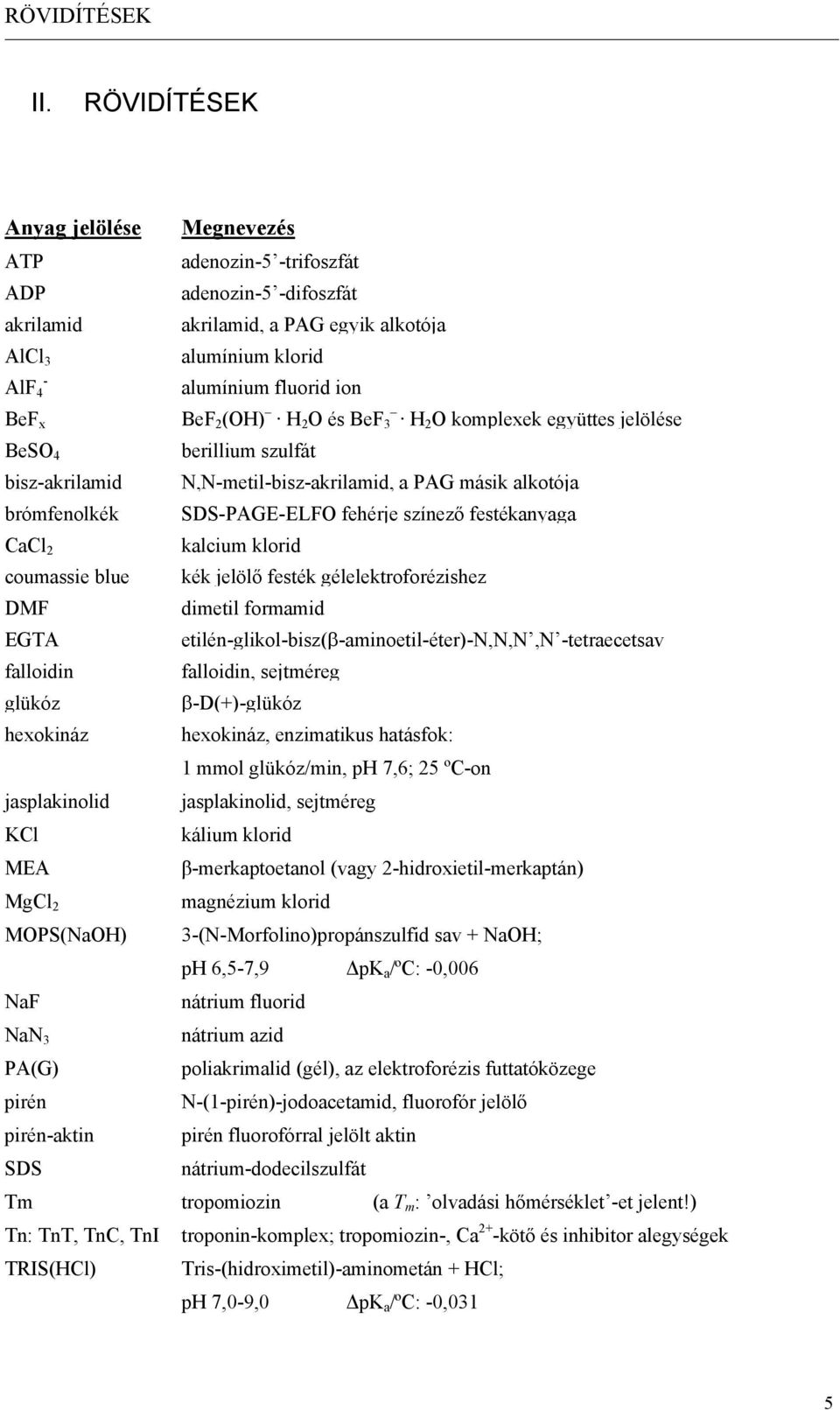 (OH) H 2 O és BeF 3 H 2 O komplexek együttes jelölése BeSO 4 berillium szulfát bisz-akrilamid N,N-metil-bisz-akrilamid, a PAG másik alkotója brómfenolkék SDS-PAGE-ELFO fehérje színező festékanyaga