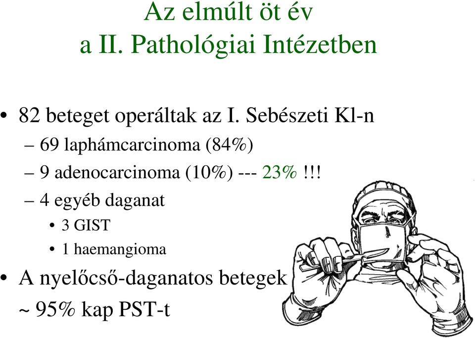 Sebészeti Kl-n 69 laphámcarcinoma (84%) 9 adenocarcinoma