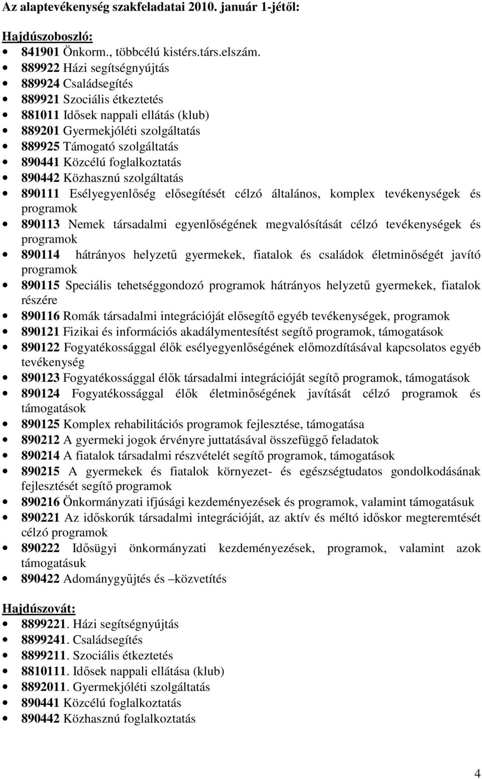 foglalkoztatás 890442 Közhasznú szolgáltatás 890111 Esélyegyenlőség elősegítését célzó általános, komplex tevékenységek és programok 890113 Nemek társadalmi egyenlőségének megvalósítását célzó