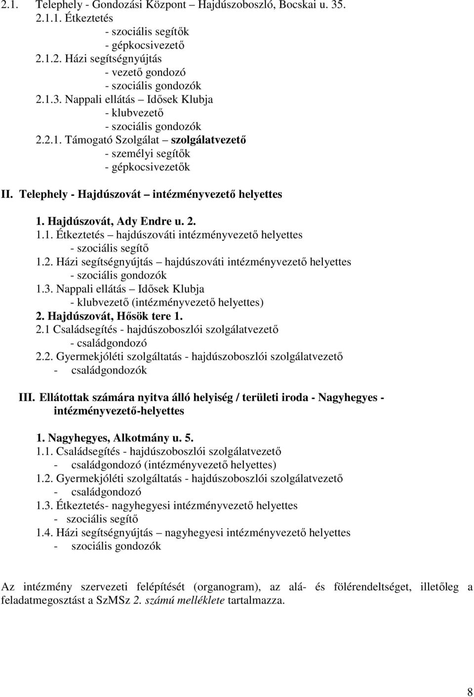 2. Házi segítségnyújtás hajdúszováti intézményvezető helyettes - szociális gondozók 1.3. Nappali ellátás Idősek Klubja - klubvezető (intézményvezető helyettes) 2.