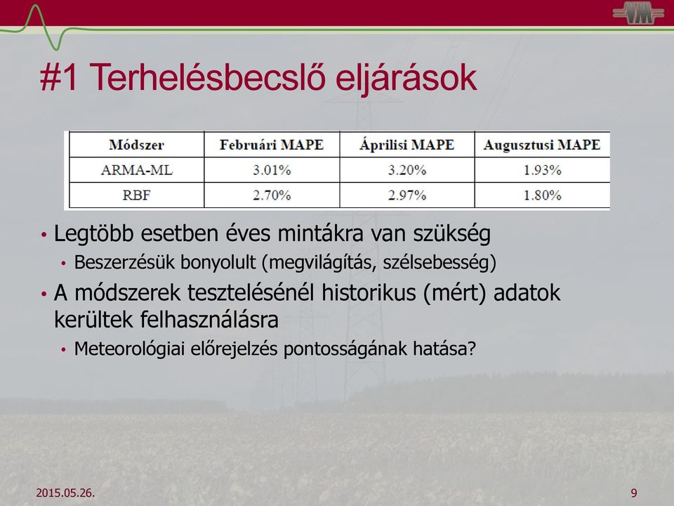 módszerek tesztelésénél historikus (mért) adatok kerültek