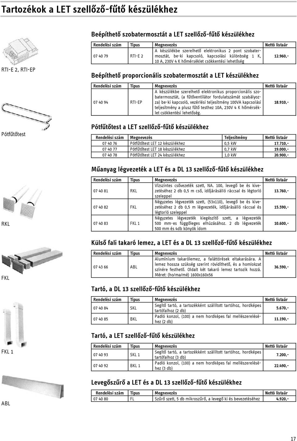 960,- Beépíthető proporcionális szobatermosztát a LET készülékhez Rendelési szám Típus Megnevezés Nettó listaár 07 40 94 RTI-EP A készülékbe szerelhető elektronikus proporcionális szobatermosztát, (a