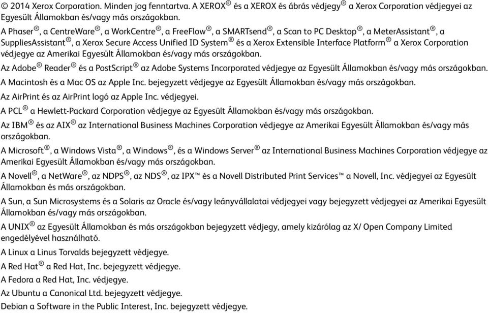 Platform a Xerox Corporation védjegye az Amerikai Egyesült Államokban és/vagy más országokban.