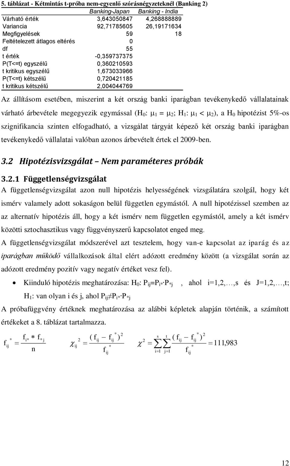 esetében, miszerint a két ország banki iparágban tevékenykedő vállalatainak várható árbevétele megegyezik egymással (H 0 : 1 = 2 ; H 1 : 1 < 2 ), a H 0 hipotézist 5%-os szignifikancia szinten