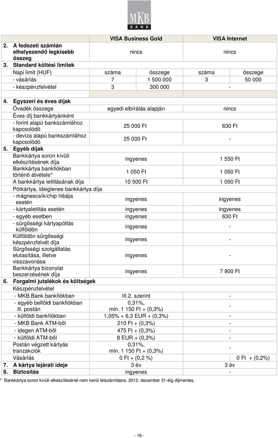 Egyszeri és éves díjak Óvadék összege egyedi elbírálás alapján Éves díj bankkártyánként - forint alapú bankszámlához kapcsolódó 25 000 Ft 630 Ft - deviza alapú bankszámlához kapcsolódó 25 000 Ft - 5.