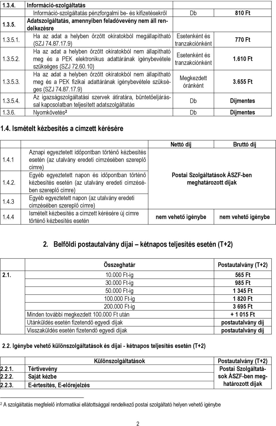 10) 1.610 Ft 1.3.5.3. Ha az adat a helyben őrzött okiratokból nem állapítható meg és a PEK fizikai adattárának igénybevétele szükséges (SZJ 74.