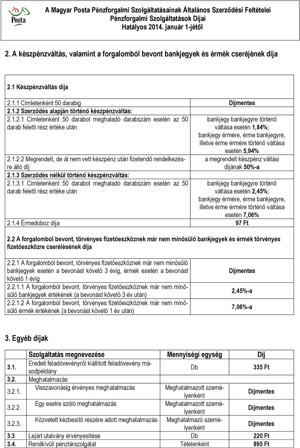 váltása 2.1.2.2 Megrendelt, de át nem vett készpénz után fizetendő rendelkezésre álló díj 2.1.3 
