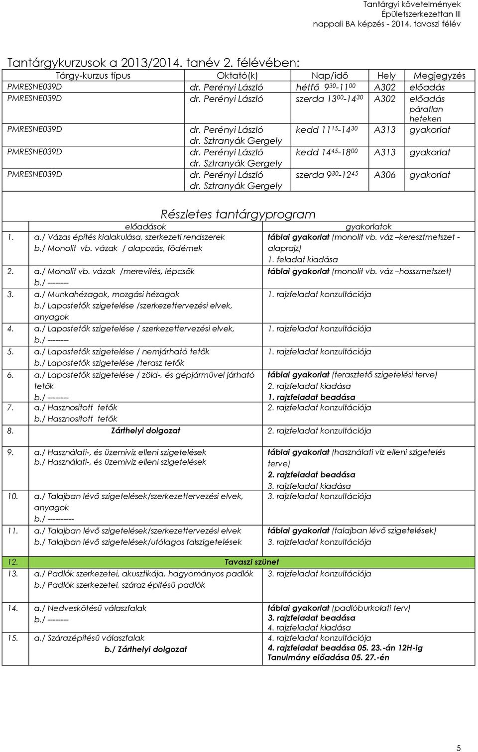 a./ Lapostetők szigetelése / nemjárható tetők b./ Lapostetők szigetelése /terasz tetők Részletes tantárgyprogram 6. a./ Lapostetők szigetelése / zöld-, és gépjárművel járható tetők 7. a./ Hasznosított tetők b.