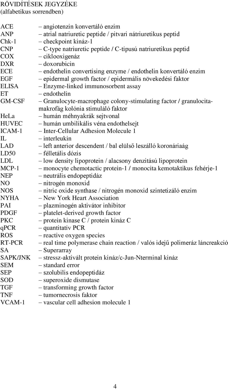 Enzyme-linked immunosorbent assay ET endothelin GM-CSF Granulocyte-macrophage colony-stimulating factor / granulocitamakrofág kolónia stimuláló faktor HeLa humán méhnyakrák sejtvonal HUVEC humán