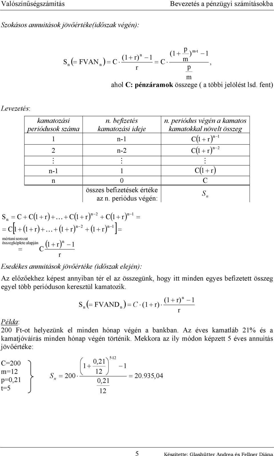 periódus végé: - ( ) C( r) K C( r) C( r) ( r) K ( r) ( r) [ ] mértai sorozat összegéplete alapjá C ( r) r Esedées auitáso jövőértée (idősza elejé): Az előzőehez épest ayiba tér el az összegü, hogy