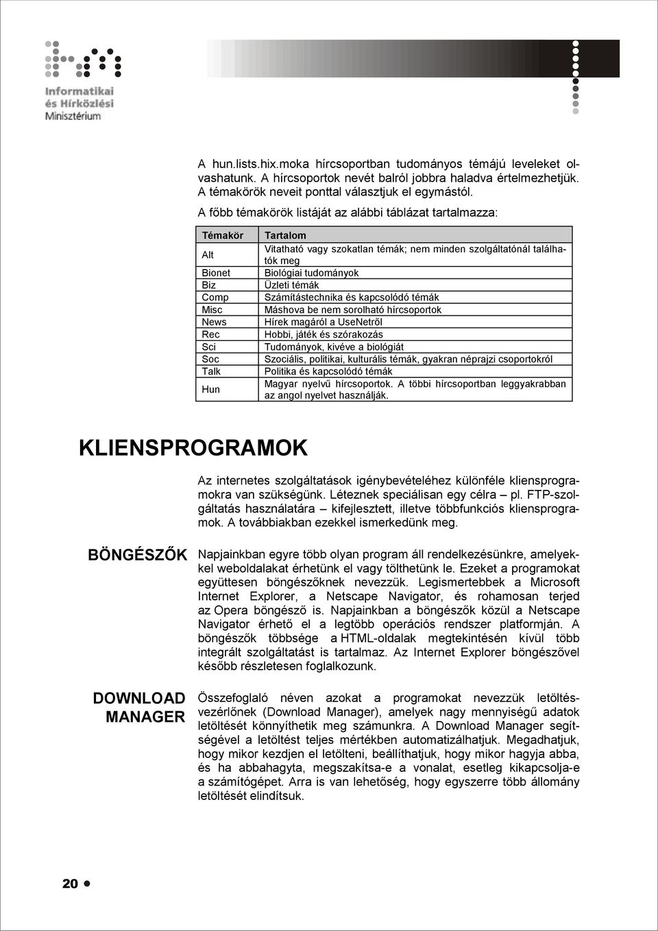 Biológiai tudományok Üzleti témák Számítástechnika és kapcsolódó témák Máshova be nem sorolható hírcsoportok Hírek magáról a UseNetről Hobbi, játék és szórakozás Tudományok, kivéve a biológiát