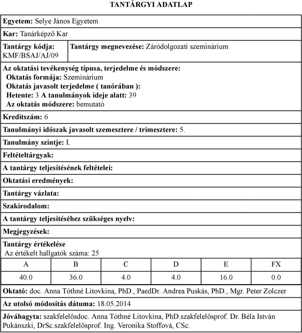 trimesztere: 5. Az értékelt hallgatók száma: 25 40.0 36.0 4.0 4.0 16.0 0.0 Oktató: doc.