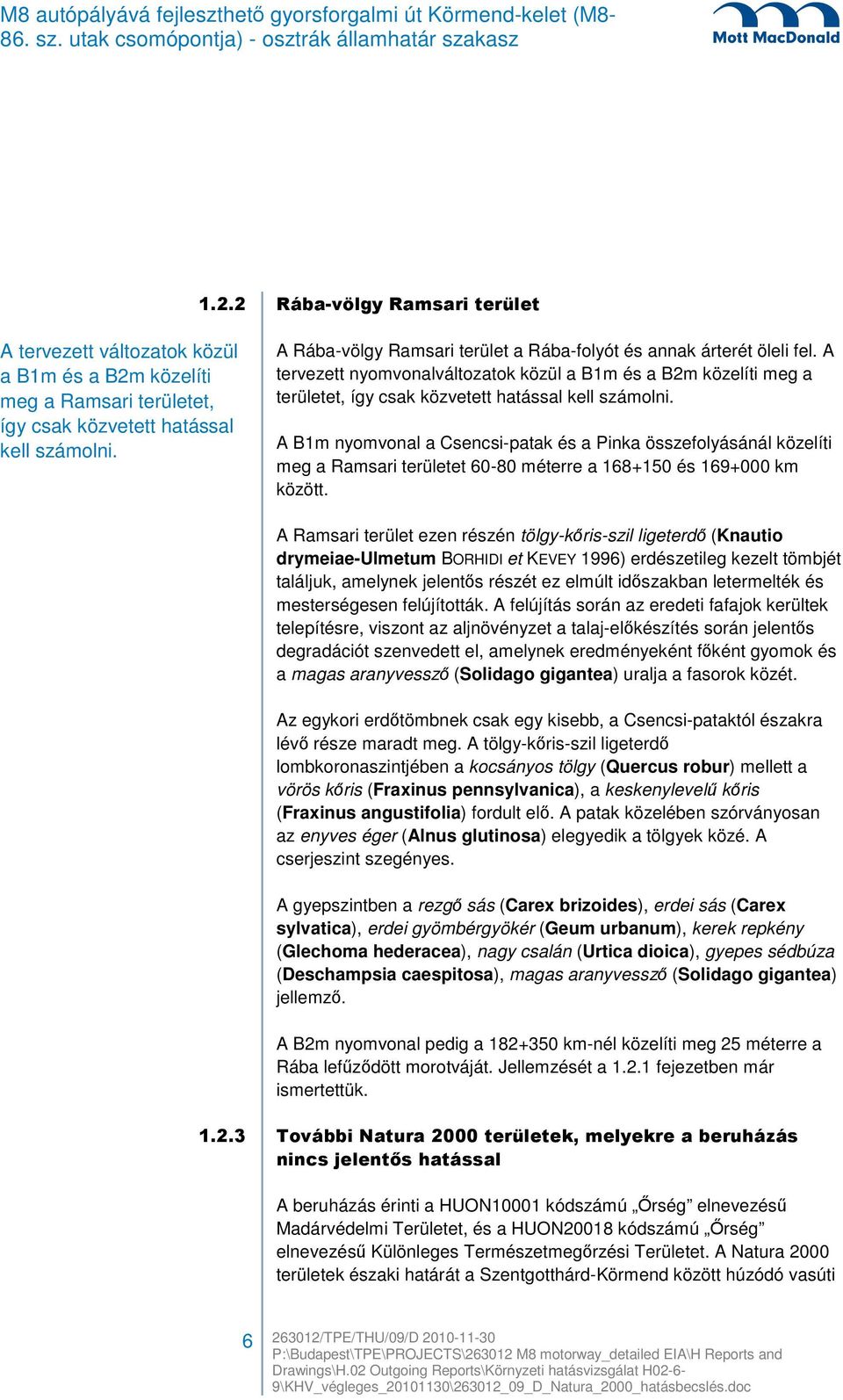 A B1m nyomvonal a Csencsi-patak és a Pinka összefolyásánál közelíti meg a Ramsari területet 60-80 méterre a 168+150 és 169+000 km között.