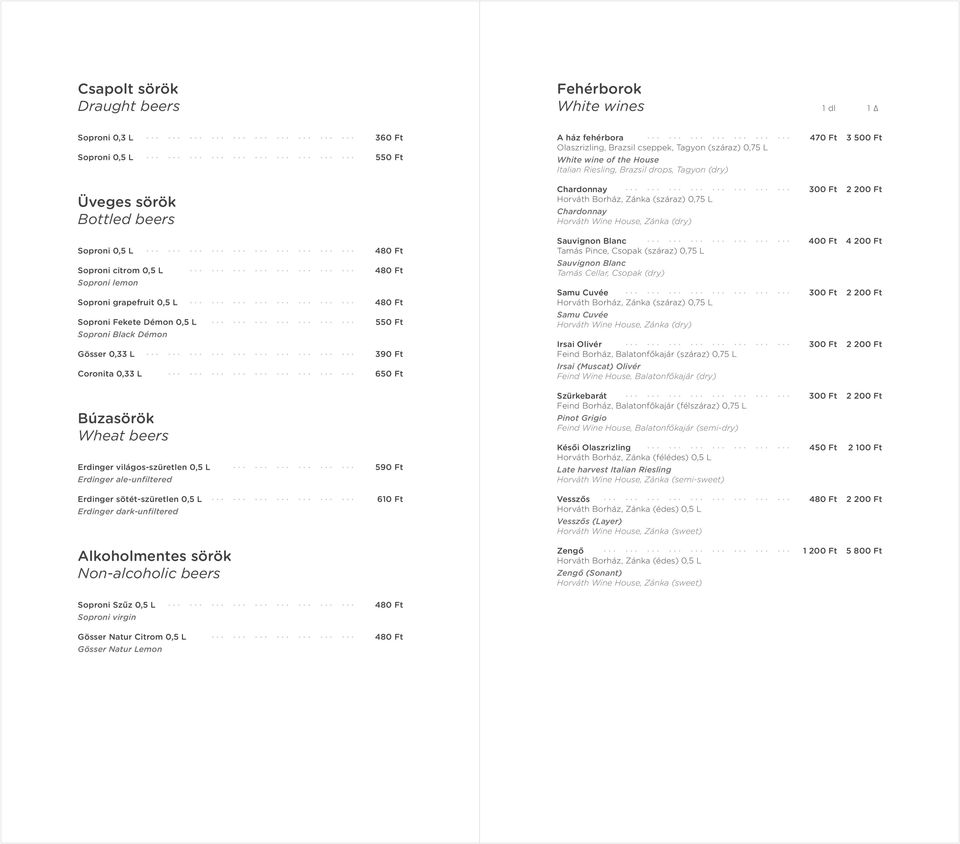 Soproni 0,5 L Soproni citrom 0,5 L Soproni lemon Soproni grapefruit 0,5 L Soproni Fekete Démon 0,5 L Soproni Black Démon Gösser 0,33 L Coronita 0,33 L 480 Ft 480 Ft 480 Ft 550 Ft 390 Ft 650 Ft