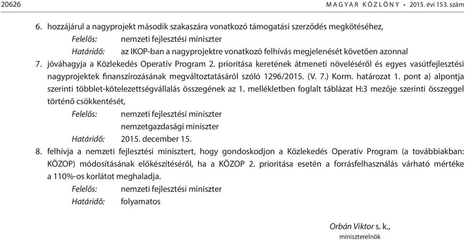 követően azonnal 7. jóváhagyja a Közlekedés Operatív Program 2. prioritása keretének átmeneti növeléséről és egyes vasútfejlesztési nagyprojektek finanszírozásának megváltoztatásáról szóló 1296/2015.