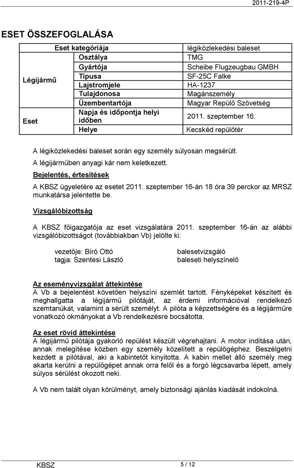 A légijárműben anyagi kár nem keletkezett. Bejelentés, értesítések A KBSZ ügyeletére az esetet 2011. szeptember 16-án 18 óra 39 perckor az MRSZ munkatársa jelentette be.