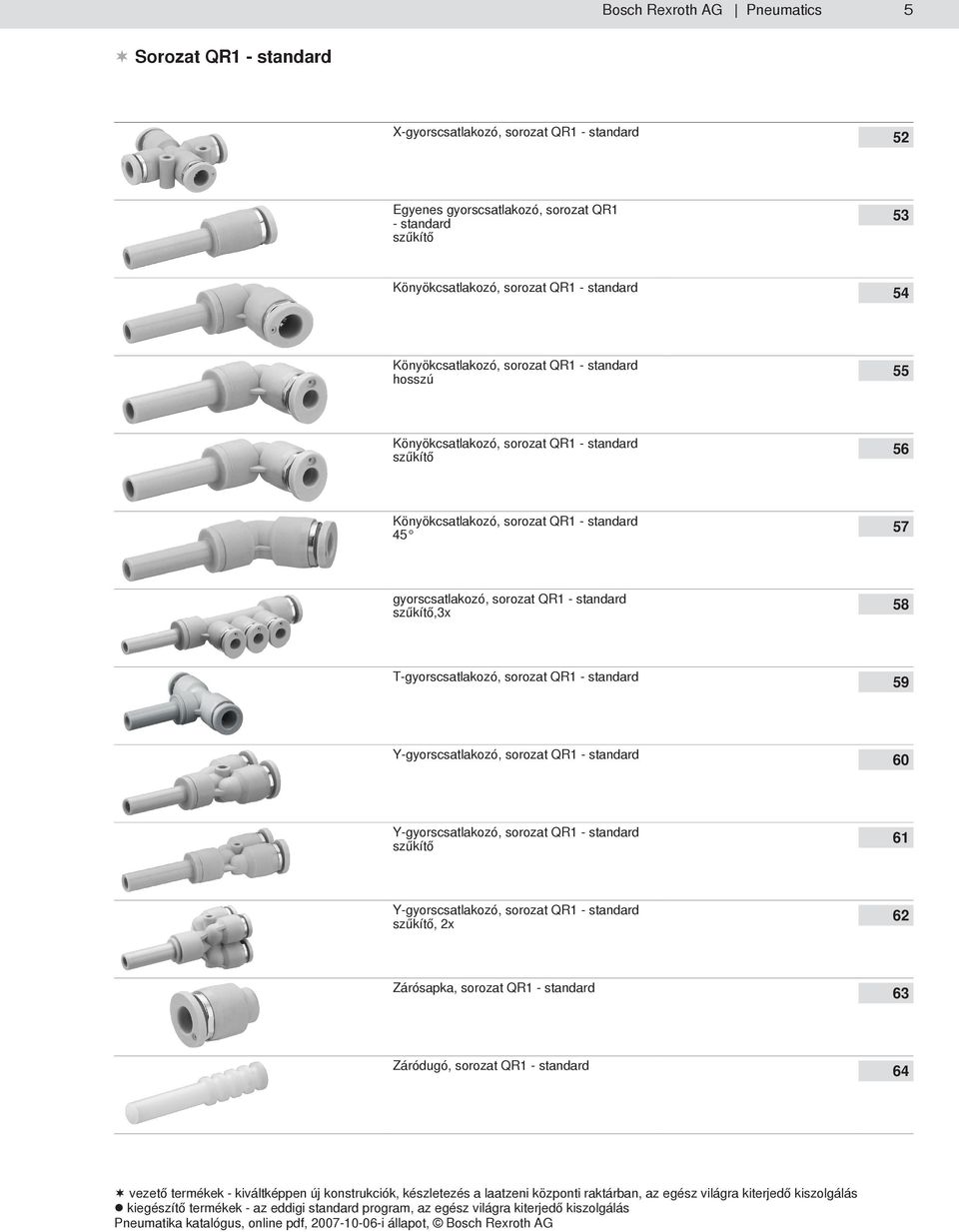 sorozat QR1 - standard 45 57 gyorscsatlakozó, sorozat QR1 - standard szűkítő,3x 58 T-gyorscsatlakozó, sorozat QR1 - standard 59 Y-gyorscsatlakozó, sorozat QR1 - standard