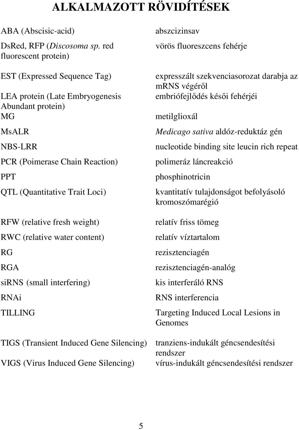 fresh weight) RWC (relative water content) RG RGA sirns (small interfering) RNAi TILLING abszcizinsav vörös fluoreszcens fehérje expresszált szekvenciasorozat darabja az mrns végérıl embriófejlıdés