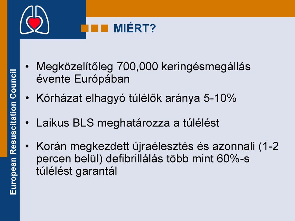 Kórházat elhagyó túlélők aránya 5-10% Laikus BLS meghatározza