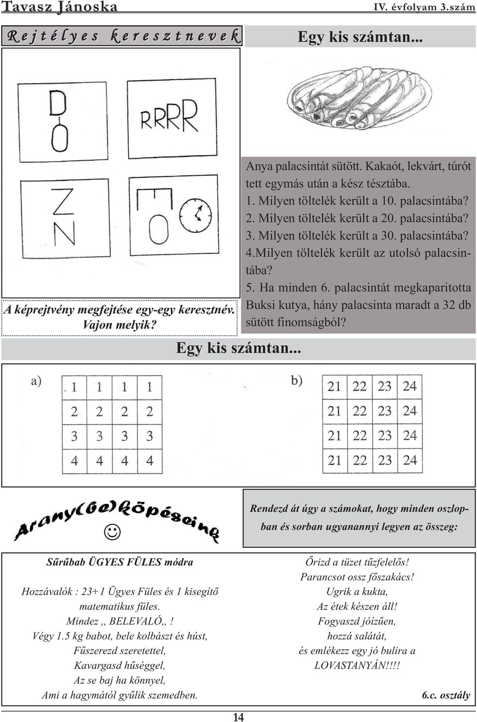 Milyen töltelék került az utolsó palacsintába? 5. Ha minden 6. palacsintát megkaparitotta Buksi kutya, hány palacsinta maradt a 32 db sütött finomságból?