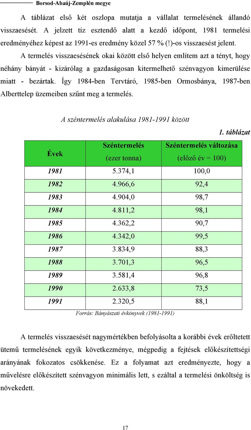 Így 1984-ben Tervtáró, 1985-ben Ormosbánya, 1987-ben Alberttelep üzemeiben szűnt meg a termelés. A széntermelés alakulása 1981-1991 között 1.