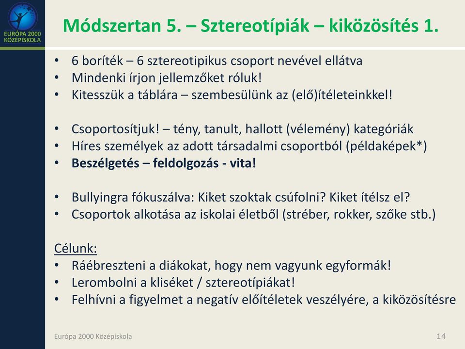 tény, tanult, hallott (vélemény) kategóriák Híres személyek az adott társadalmi csoportból (példaképek*) Beszélgetés feldolgozás - vita!