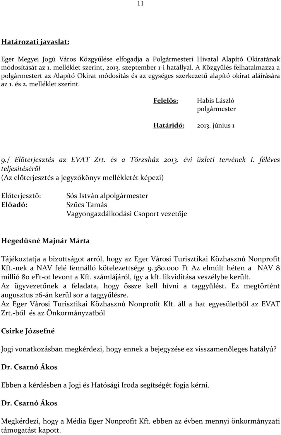 Felelős: Habis László polgármester Határidő: 2013. június 1 9./ Előterjesztés az EVAT Zrt. és a Törzsház 2013. évi üzleti tervének I.