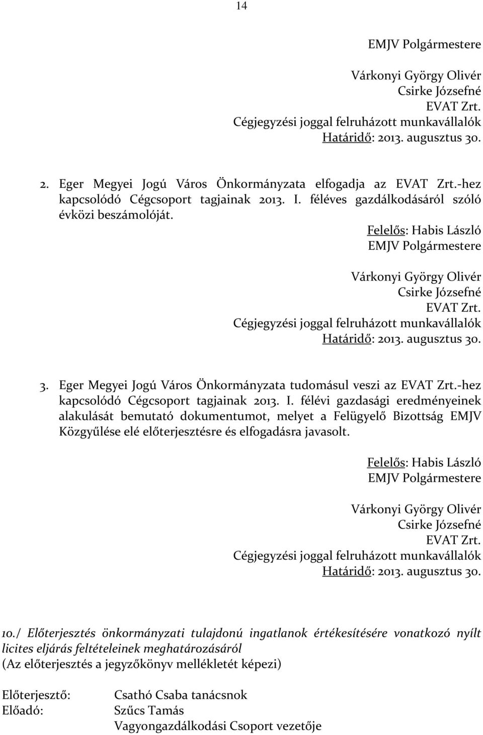 Cégjegyzési joggal felruházott munkavállalók Határidő: 2013. augusztus 30. 3. Eger Megyei Jogú Város Önkormányzata tudomásul veszi az EVAT Zrt.-hez kapcsolódó Cégcsoport tagjainak 2013. I.