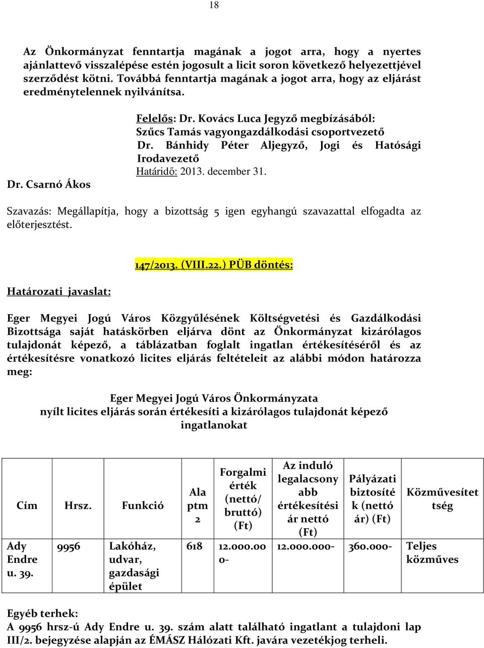 Bánhidy Péter Aljegyző, Jogi és Hatósági Irodavezető Határidő: 2013. december 31. Szavazás: Megállapítja, hogy a bizottság 5 igen egyhangú szavazattal elfogadta az előterjesztést.