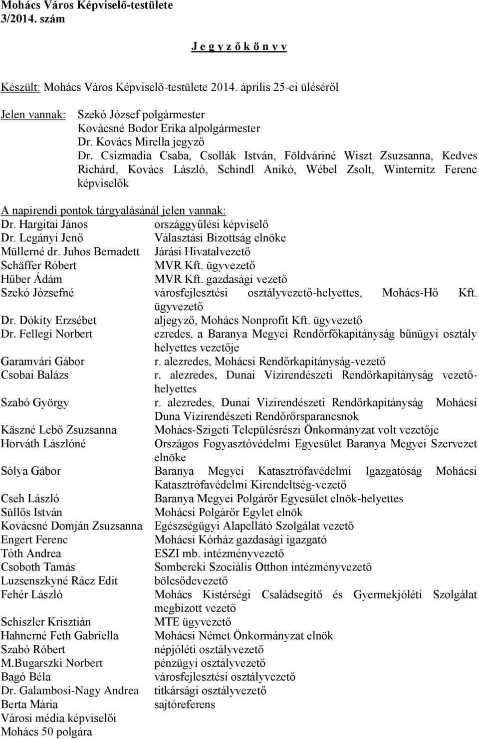 Csizmadia Csaba, Csollák István, Földváriné Wiszt Zsuzsanna, Kedves Richárd, Kovács László, Schindl Anikó, Wébel Zsolt, Winternitz Ferenc képviselők A napirendi pontok tárgyalásánál jelen vannak: Dr.