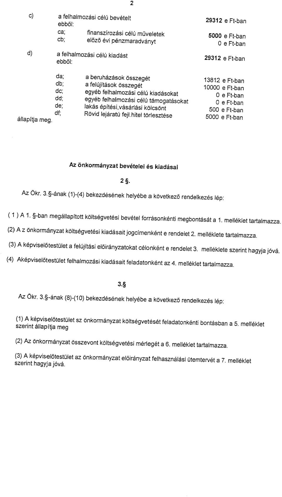 vasarlasi kslcsont 500 e Ft-ban df; Rovid lejaratu feji.hitel toriesztese 5000 e Ft-ban allapitja meg. Az onkormanyzat bevetelei es kiadasai 2. Az Okr 3.