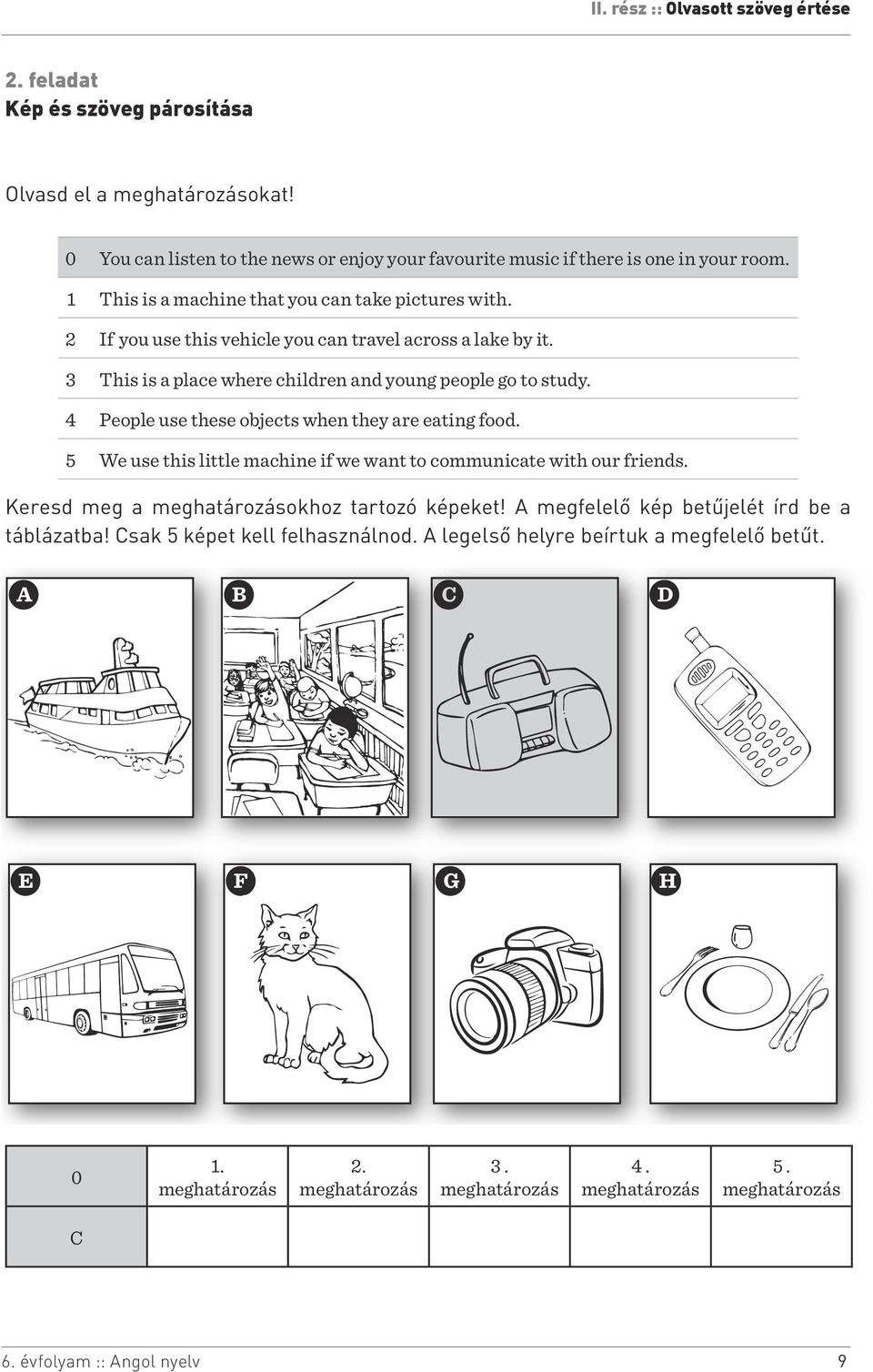 4 People use these objects when they are eating food. 5 We use this little machine if we want to communicate with our friends. Keresd meg a meghatározásokhoz tartozó képeket!