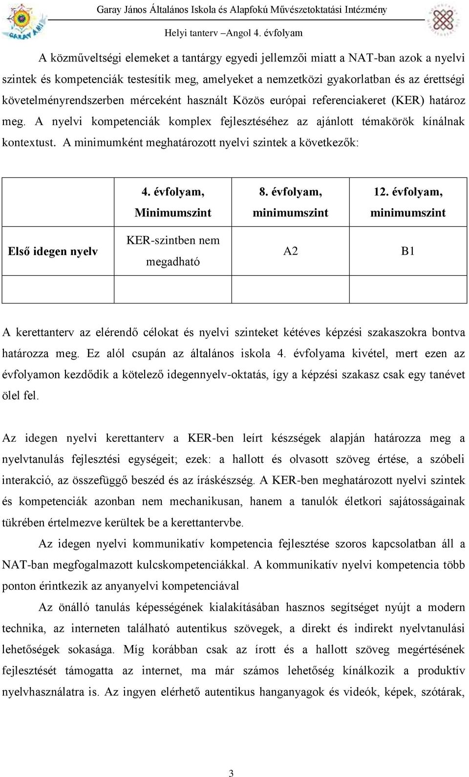 A minimumként meghatározott nyelvi szintek a következők: 4. évfolyam, 8. évfolyam, 12.