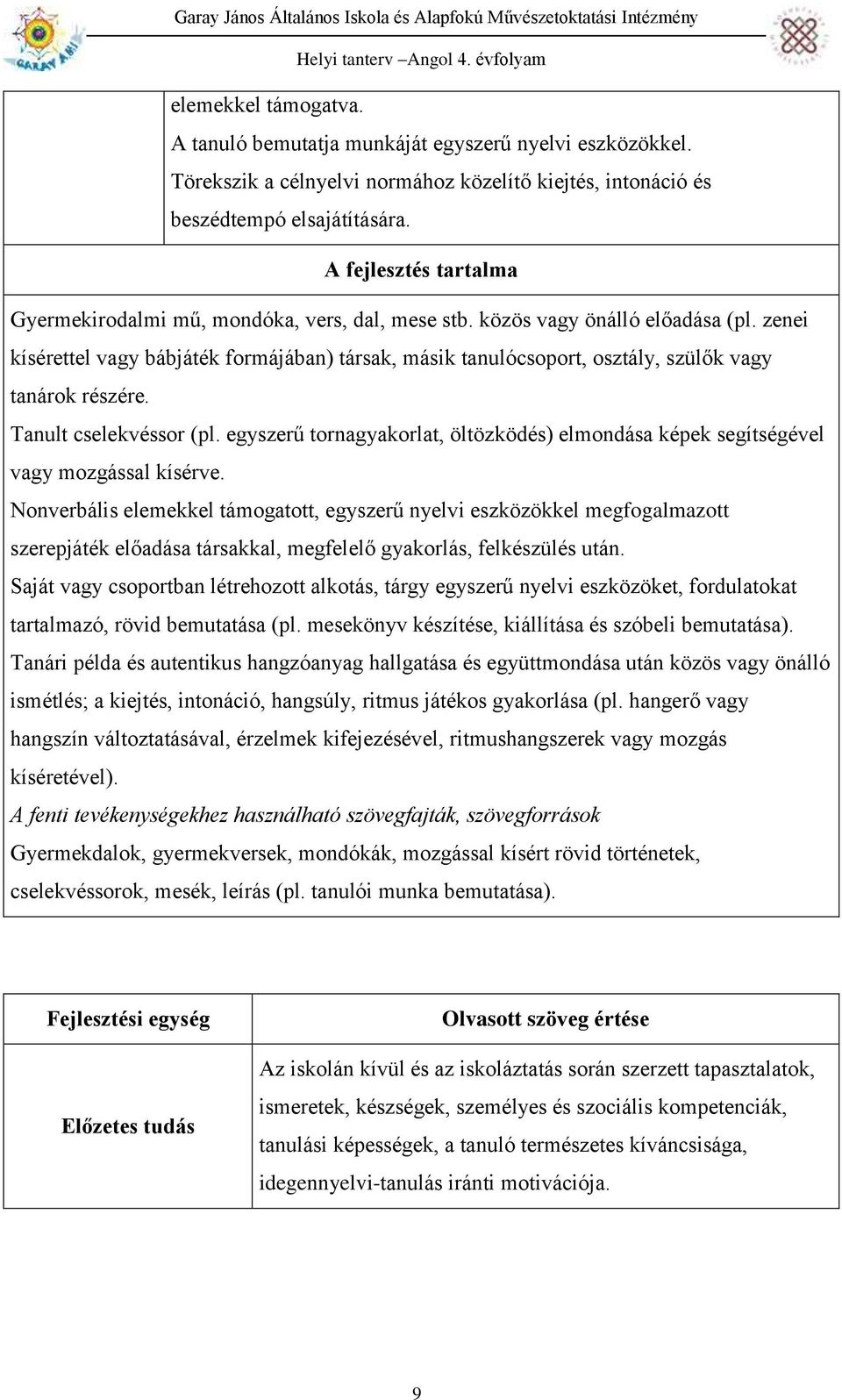 zenei kísérettel vagy bábjáték formájában) társak, másik tanulócsoport, osztály, szülők vagy tanárok részére. Tanult cselekvéssor (pl.