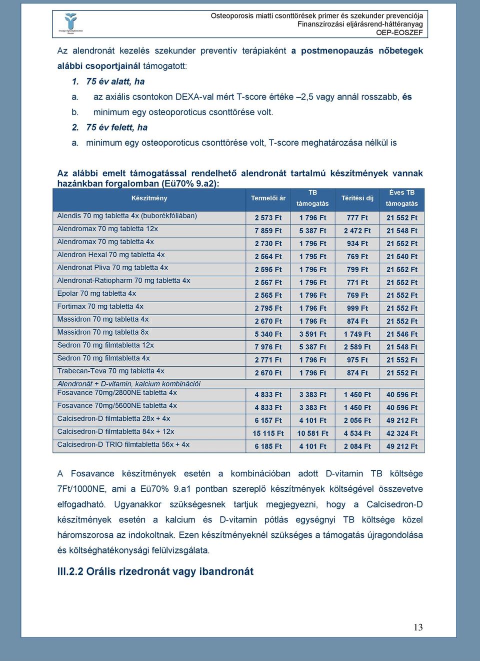 minimum egy osteoporoticus csonttörése volt, T-score meghatározása nélkül is Az alábbi emelt támogatással rendelhető alendronát tartalmú készítmények vannak hazánkban forgalomban (Eü70% 9.