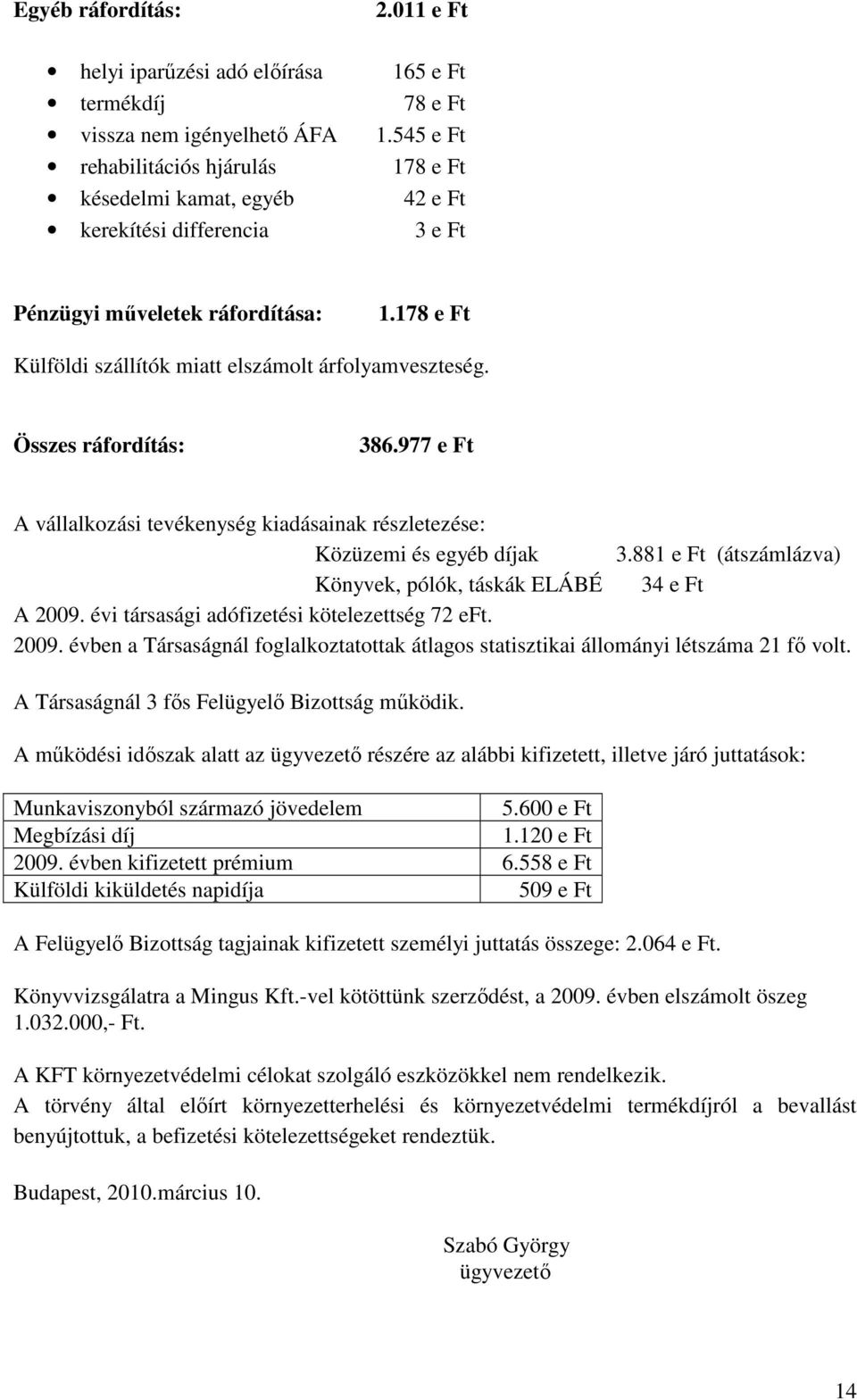 Összes ráfordítás: 386.977 e Ft A vállalkozási tevékenység kiadásainak részletezése: Közüzemi és egyéb díjak 3.881 e Ft (átszámlázva) Könyvek, pólók, táskák ELÁBÉ 34 e Ft A 2009.