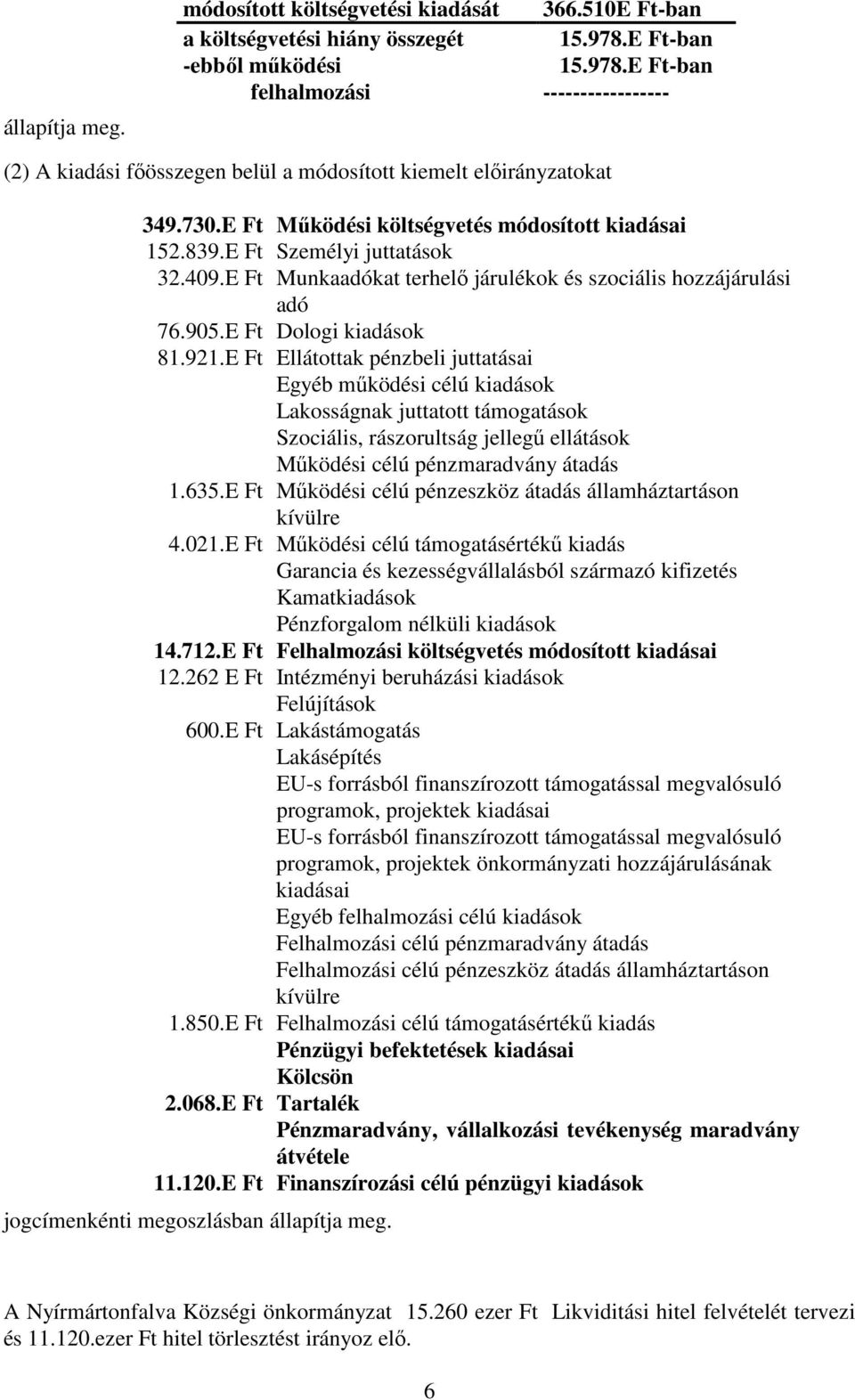 E Ft Személyi juttatások 32.409.E Ft Munkaadókat terhelő járulékok és szociális hozzájárulási adó 76.905.E Ft Dologi kiadások 81.921.