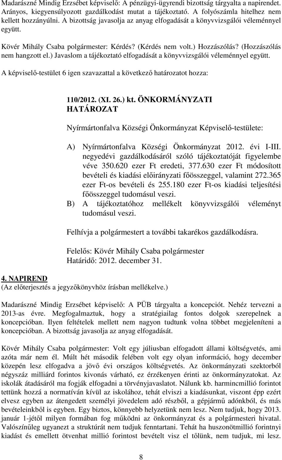 ) Javaslom a tájékoztató elfogadását a könyvvizsgálói véleménnyel együtt. A képviselő-testület 6 igen szavazattal a következő határozatot hozza: 110/2012. (XI. 26.) kt.