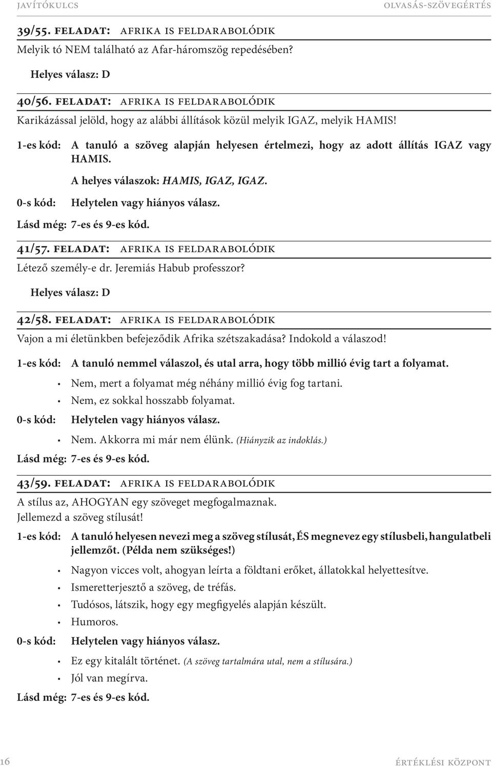 1-es kód: A tanuló a szöveg alapján helyesen értelmezi, hogy az adott állítás IGAZ vagy HAMIS. A helyes válaszok: HAMIS, IGAZ, IGAZ. 41/57. FELADAT: AFRIKA IS FELDARABOLÓDIK Létező személy-e dr.